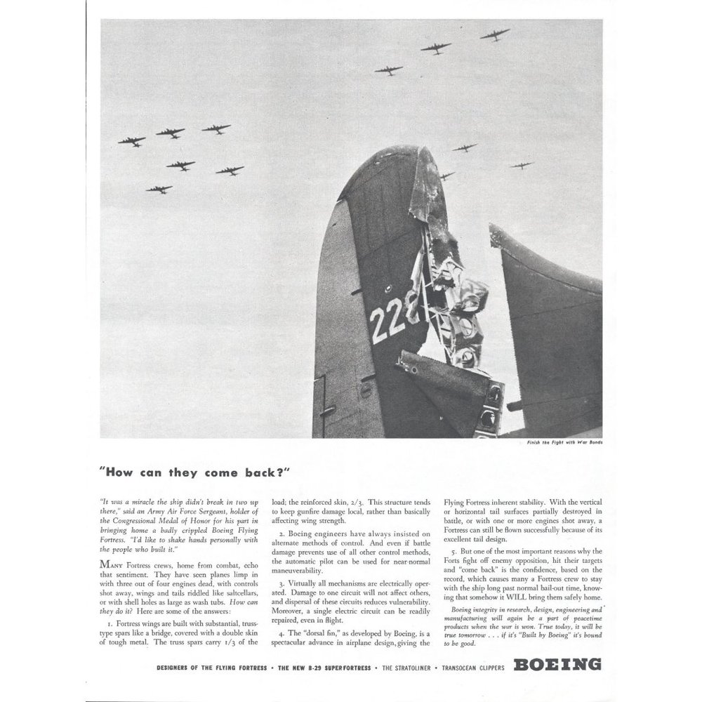 1944 Boeing Aircraft Vintage Print Ad WW2 Finish the Fight War Bonds Wall Art